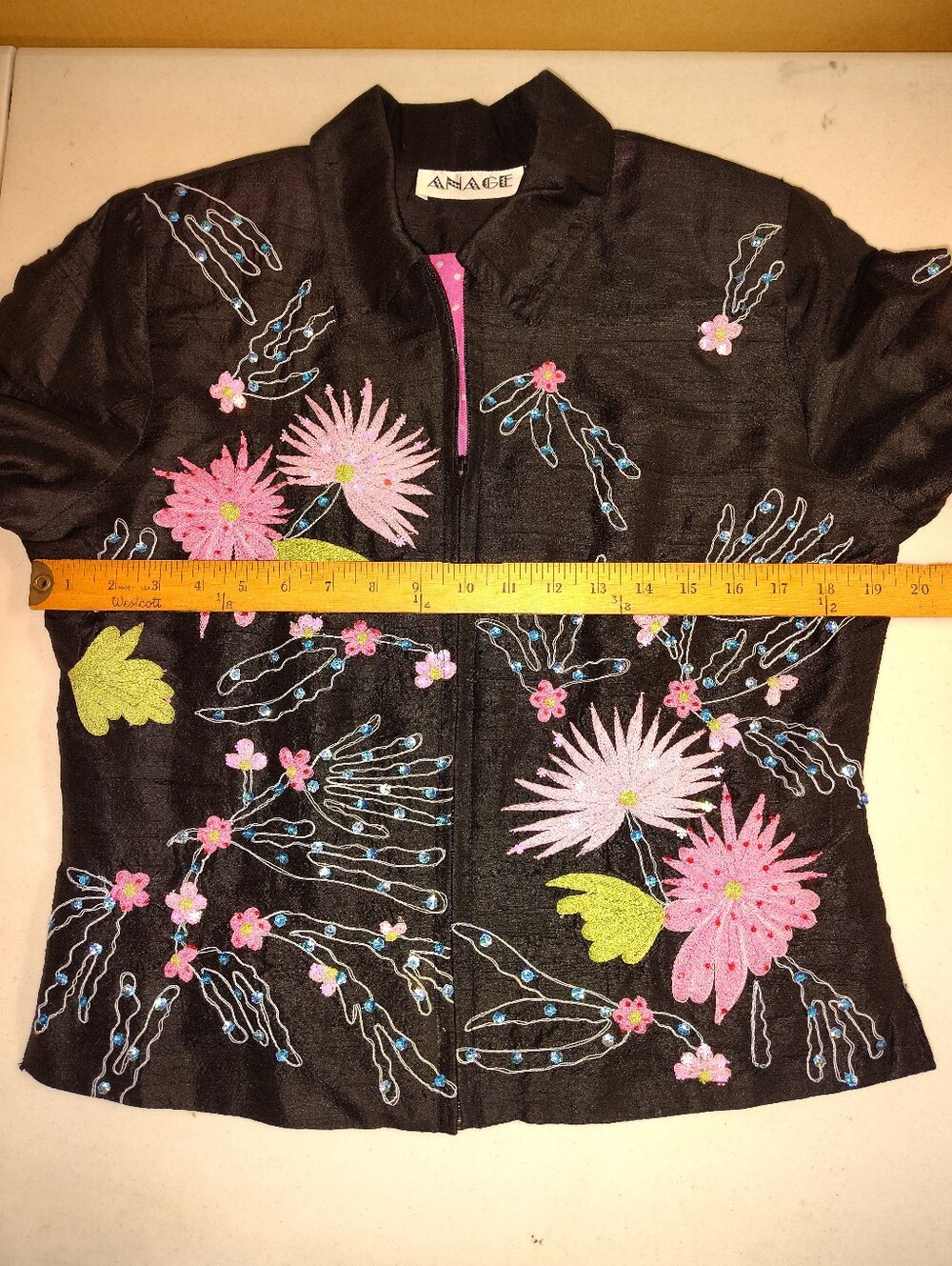 ANAGE 100% Silk Embroidered Floral Zip Jacket - Small - Black/Pink Boho Luxe - Picture 7 of 13